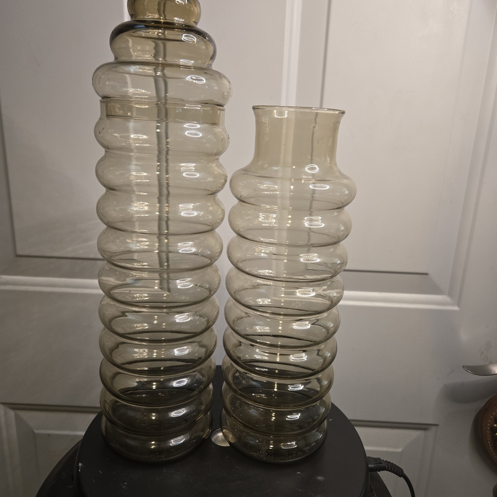 Holmegaard Primula Smoke Glass Lidded Apothecary Jar Spiral Vase Set Of 2